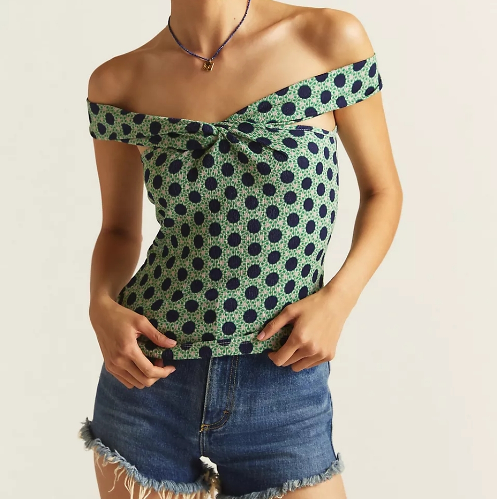 Anthropologie textured polka dot off the shoulder top, small, green/ blue